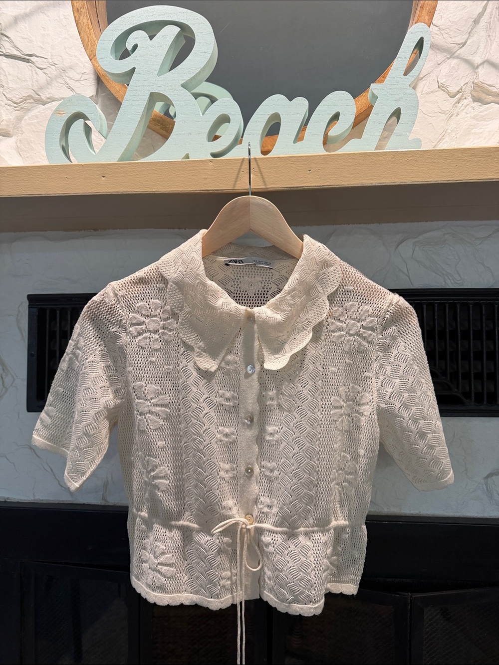 Cream Knit Button-Up Short Sleeve Cardigan with Collar